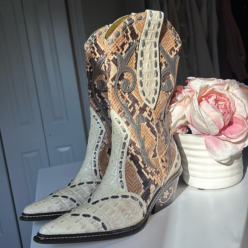 Tan & Brown snakeskin women’s boots, Donald Pliner
